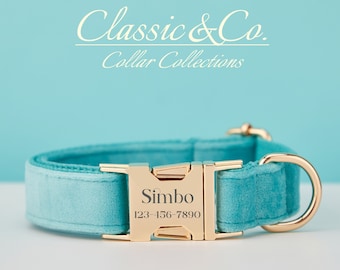 Personalized Dog Collar With Engraved Pet Name Metal Buckle,Turquoise Velvet Dog Collar and Leash Set with Bell And Bow,FREE Shipping