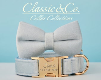 LightBlue Velvet Dog Collar With Bow Tie Lead,Personalize Name Tag Boy Collar Bow,Brithday Dog Wear