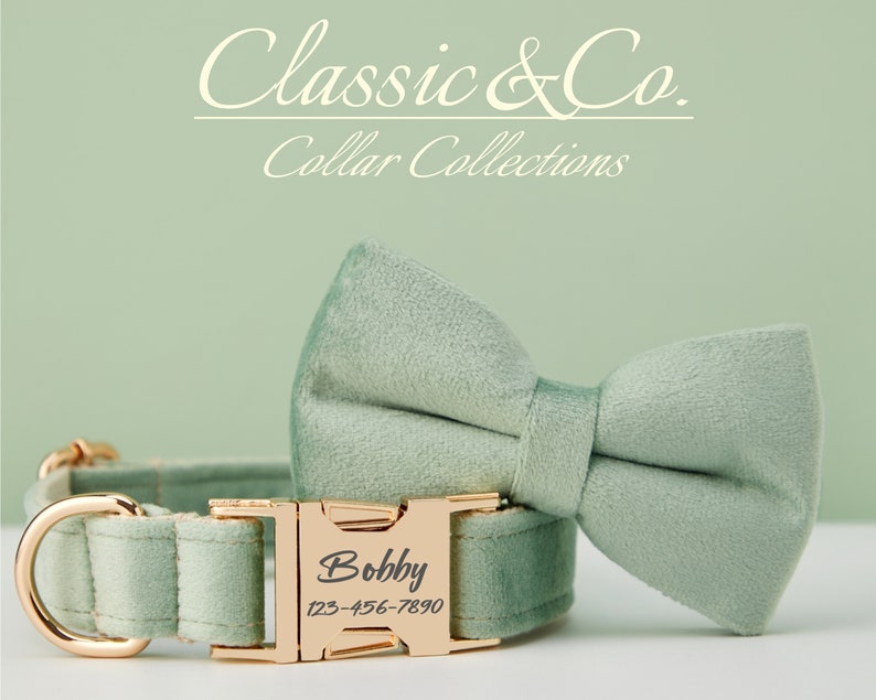 Dog Collar Bow Tie Lead,Handmade Boy Dog Bow Tie Collars,SageGreen Velvet Collar With Engraved Name image 3