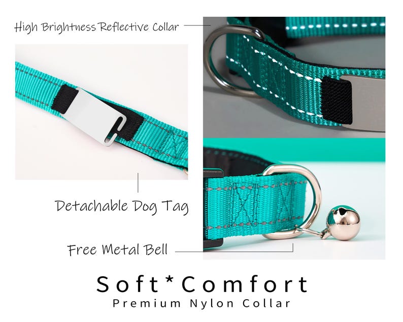 Puede incluir: Un collar de perro de nylon azul turquesa con una campana de metal plateado y una etiqueta de perro plateada desmontable. El collar tiene costuras reflectantes y el texto "Soft Comfort Premium Nylon Collar" est&aacute; impreso en la imagen.