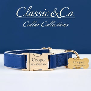 Deep Blue Waterproof PU Leather Dog Collar & Lead,Solid Navy Dog Collar Leash Set,Engraved Metal Buckle + Free Name Tag,Wedding Puppy Gift