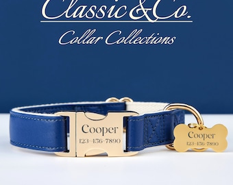 Deep Blue Waterproof PU Leather Dog Collar & Lead,Solid Navy Dog Collar Leash Set,Engraved Metal Buckle + Free Name Tag,Wedding Puppy Gift
