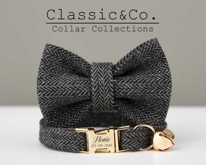 Grey Tweed Fabric Cat Collar Bow Tie Set,Side Open Gold Buckle Custom Engraved Name Tag,Dark Grey Kitten Collar for Male,Small Dog Gift zdjęcie 2