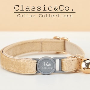 Breakaway Beige Velvet Personalized Cat Collar Bow Tie Leash Set,Custom Engraved Kitten Name Safety Buckle,Free Gold Bell,Female Pet Gift