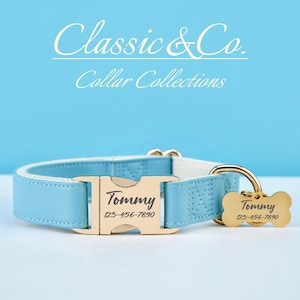 SkyBlue Waterproof PU Leather Dog Collar & Lead,Solid Dog Collar Leash Set,Engraved Metal Buckle + Free Pet Name Tag,Wedding Puppy Gift