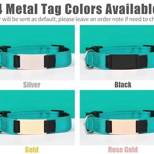 Puede incluir: Cuatro opciones de color diferentes para un collar de perro con una etiqueta de metal. El collar es azul turquesa con costuras negras y una hebilla plateada. La etiqueta est&aacute; disponible en plata, negro, oro y oro rosa.