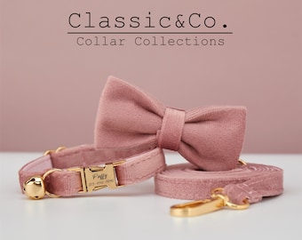 DustyPink Velvet Personalisierte Katze & Kleiner Hundehalsband Fliege Leine Set, kostenlos graviertes Kätzchen Welpe Namensschild, Gold Glocke