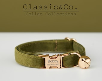 Collar y correa de terciopelo verde militar personalizado para gatos y perros pequeños, con lazo, placa con nombre grabada para gatitos y cachorros, campana dorada gratis, regalo para mascotas.