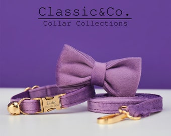 Purple Velvet Personalized Cat & Small Dog Collar Bow Tie Leash Set,Free Engraved Kitten Puppy Name Tag,Gold Bell,Pet Birthday Gift