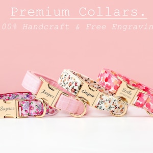 May include: Four floral dog collars with gold-colored buckles, each with a name engraved. The collars are in shades of pink and white, with the text "Premium Collars" and "100% Handcraft & Free Engraving" at the top.