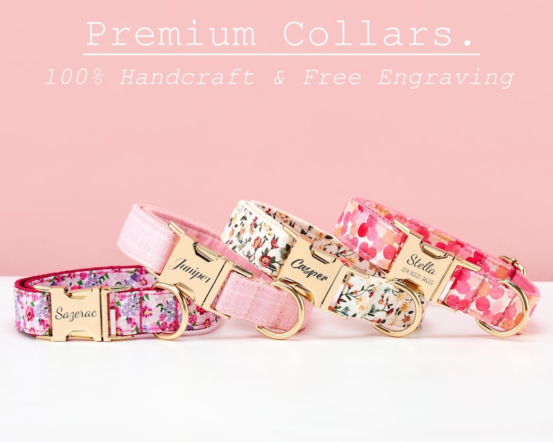 May include: Four floral dog collars with gold-colored buckles, each with a name engraved. The collars are in shades of pink and white, with the text "Premium Collars" and "100% Handcraft & Free Engraving" at the top.