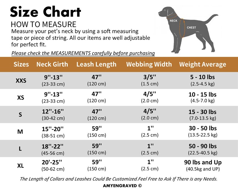 May include: Size chart for dog collars and leashes, showing neck girth, leash length, webbing width, and weight average in inches and pounds. Sizes include XXS, XS, S, M, L, XL.