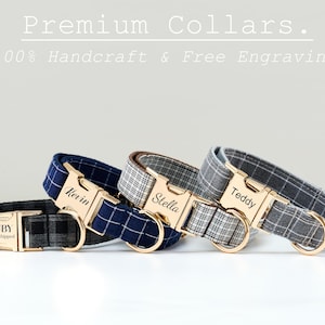 May include: Four premium dog collars with gold-colored buckles and personalized nameplates. The collars are in various plaid patterns: black and gray, navy blue, and gray. The text at the top says "Premium Collars" and "100% Handcraft & Free Engraving."
