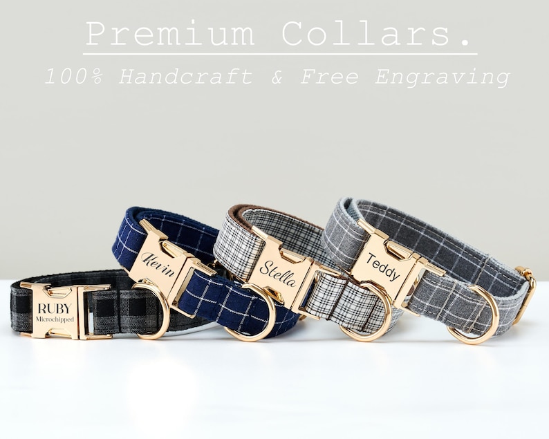 May include: Four premium dog collars with gold-colored buckles and personalized nameplates. The collars are in various plaid patterns: black and gray, navy blue, and gray. The text at the top says "Premium Collars" and "100% Handcraft & Free Engraving."