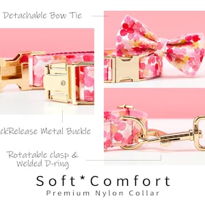 May include: A pink floral pattern dog collar with a detachable bow tie. The collar features a quick-release metal buckle and a rotatable clasp with a welded D-ring. The text on the image reads "Soft Comfort Premium Nylon Collar."