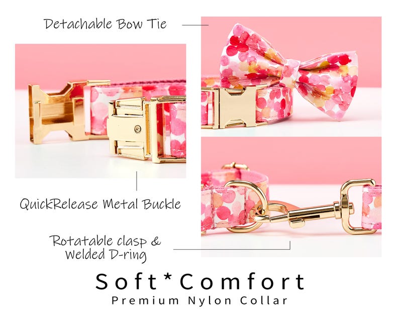 May include: A pink floral pattern dog collar with a detachable bow tie. The collar features a quick-release metal buckle and a rotatable clasp with a welded D-ring. The text on the image reads "Soft Comfort Premium Nylon Collar."