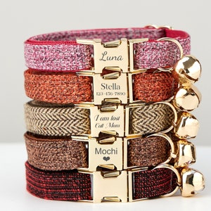 Tweed-Stoff Katzenhalsband-Fliege Set Orange + Rost + Braun, personalisiertes Graviertes Goldschnallen-Namensschild, Kätzchen-Halsband für männliche weibliche, kleine Hunde Geschenk