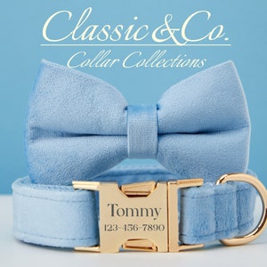 Dog Collar Bow Tie Lead,SkyBlue Velvet Girl Dog Collar With Engraved Name Metal Buckle,Puppy Collar and Lead