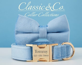 Dog Collar Bow Tie Lead,SkyBlue Velvet Girl Dog Collar With Engraved Name Metal Buckle,Puppy Collar and Lead