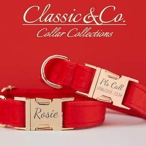 Red Velvet Personalize Dog Collar Leash Set with Flower & Bow Tie for Male Female Pet,Gold Engraved Name Tag,Wedding Puppy Gift