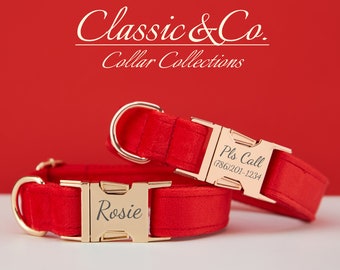 Conjunto de correa de Collar de perro personalizado de terciopelo rojo con flor y pajarita para mascota masculina femenina, etiqueta de nombre grabada en oro, regalo de cachorro de boda