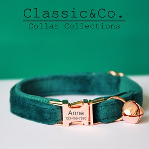 Emerald Velvet Personalized Cat& Small Dog Collar Bowtie Leash Set,Custom Engraved Kitten Puppy Name Tag,Free Gold Bell,Male Female Pet Gift image 1