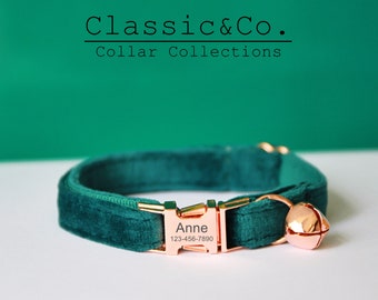 Emerald Velvet Personalized Cat& Small Dog Collar Bowtie Leash Set,Custom Engraved Kitten Puppy Name Tag,Free Gold Bell,Male Female Pet Gift