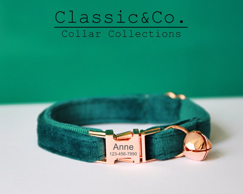 Emerald Velvet Personalized Cat& Small Dog Collar Bowtie Leash Set,Custom Engraved Kitten Puppy Name Tag,Free Gold Bell,Male Female Pet Gift image 1