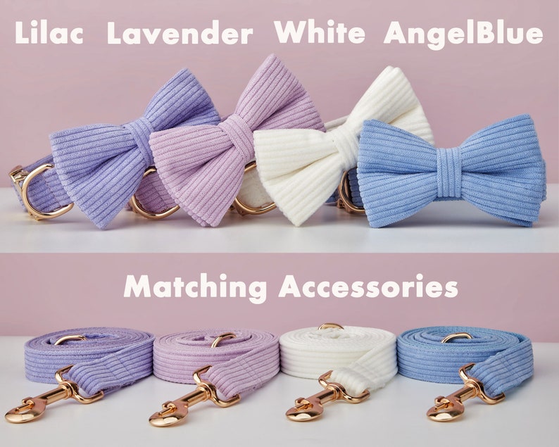 Multiple Colour Corduroy Personalise Dog Collar Leash Set with Bow,BlueWhiteLilac,Engraved Pet Name Plate Metal Buckle,Wedding Puppy Gift image 4