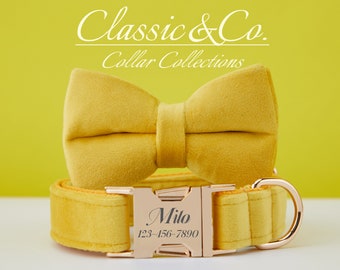 Dog Collar Bow Tie Lead,Yellow Velvet Girl Dog Collar With Engraved Name Metal Buckle,Puppy Collar and Lead