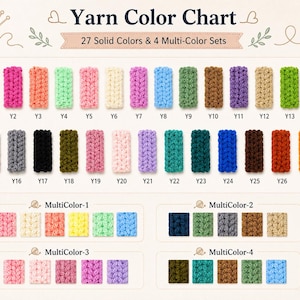 May include: A yarn color chart featuring 27 solid color swatches labeled Y1 through Y27 and 4 multi-color sets. Each swatch displays a textured crochet stitch pattern in various hues including yellow, pink, green, blue, brown, and black.