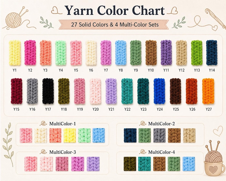 May include: A yarn color chart featuring 27 solid color swatches labeled Y1 through Y27 and 4 multi-color sets. Each swatch displays a textured crochet stitch pattern in various hues including yellow, pink, green, blue, brown, and black.