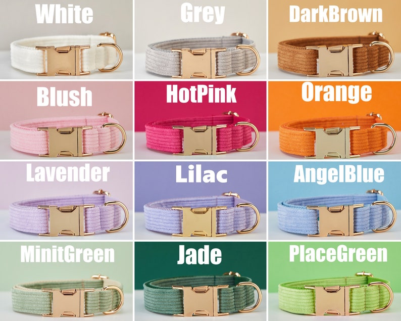 Multiple Colour Corduroy Personalise Dog Collar Leash Set with Bow,BlueWhiteLilac,Engraved Pet Name Plate Metal Buckle,Wedding Puppy Gift image 8