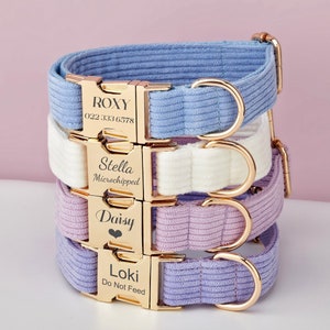 Multiple Colour Corduroy Personalise Dog Collar Leash Set with Bow,BlueWhiteLilac,Engraved Pet Name Plate Metal Buckle,Wedding Puppy Gift image 2