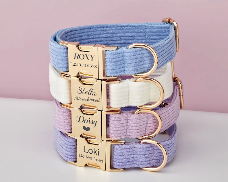 Multiple Colour Corduroy Personalise Dog Collar Leash Set with Bow,BlueWhiteLilac,Engraved Pet Name Plate Metal Buckle,Wedding Puppy Gift image 2
