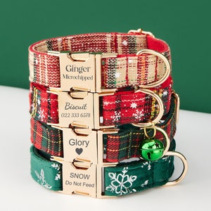 Vrolijk kerstfeest Personaliseer halsbandriemset met strik, rood groen sneeuwplaid, gegraveerd huisdiernaamplaatje Metalen gesp, Kerstman puppy cadeau afbeelding 2