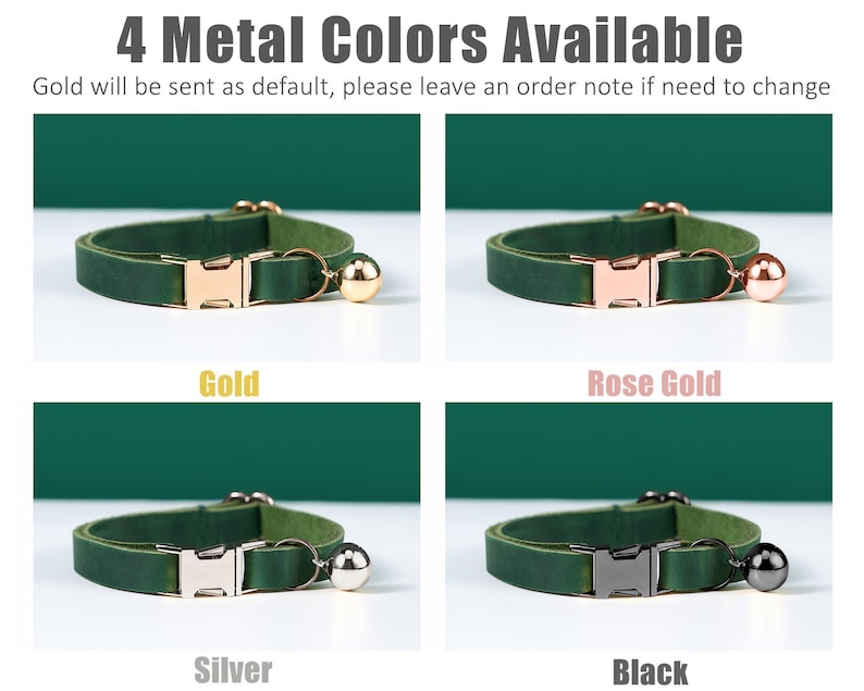 K&ouml;nnte beinhalten: Vier Lederkatzenhalsb&auml;nder mit verschiedenen farbigen Metallschnallen und Gl&ouml;ckchen. Die Halsb&auml;nder sind gr&uuml;n und die Schnallen sind gold, ros&eacute;gold, silber und schwarz.