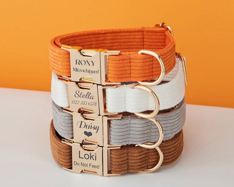 Multiple Colour Corduroy Personalise Dog Collar Leash Set with Bow,GreyCoffeeOrange,Engraved Pet Name Metal Buckle,Wedding Puppy Gift image 2