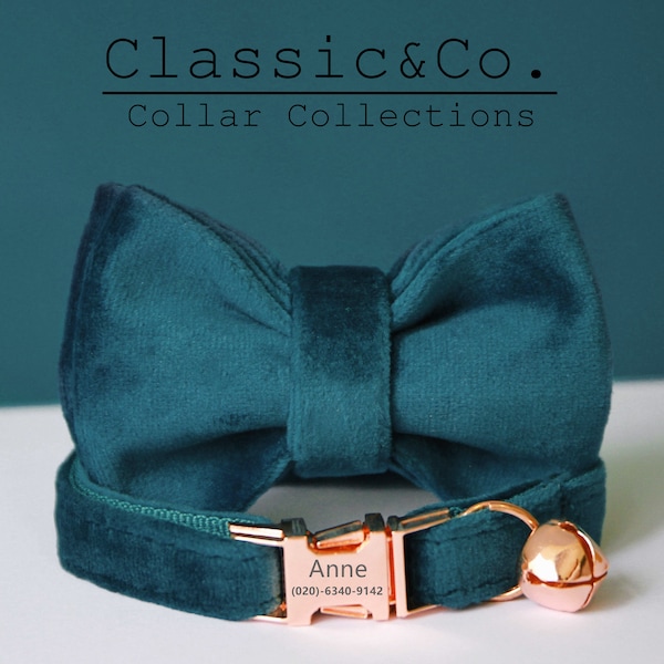Teal Velvet Personalized Cat Collar Bow Tie Lead Set,Custom Engraved Kitten Puppy Name Tag & Phone Number,Small Dog Male Boy Pet Gift