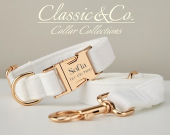 White Velvet Personalized Dog Collar Bow Tie Leash Set,Custom Engraved Pet Name Metal Buckle,Luxury Birthday Puppy Gift,FREE Shipping