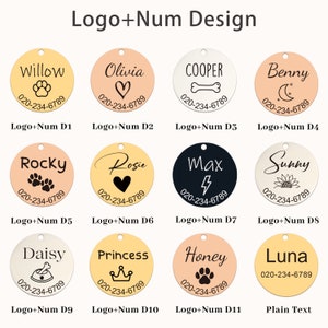 May include: Ten different designs for personalized pet tags. Each tag is a circle with a different color and design. The designs include paw prints, hearts, bones, lightning bolts, and a sunflower. The text on the tags includes the names "Willow", "Olivia", "Cooper", "Benny", "Rocky", "Rosie", "Max", "Sunny", "Daisy", "Princess", "Honey", and "Luna". The phone number "020-234-6789" is also included on each tag.