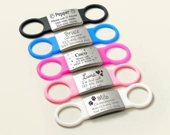 Personalized Silver Pet ID Tag, Custom Slide-On Silicone Silent Collar Tag Engraved with Name, Flexible Band, Unique Dog & Cat Accessory