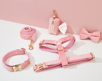 Rosa Samt Hundegeschirr und Leine Set, Personalize Step In Welpy Harness+ Halsband+Fliege+Poo Taschenhalter, No Pull Hochzeit Harness Bundle