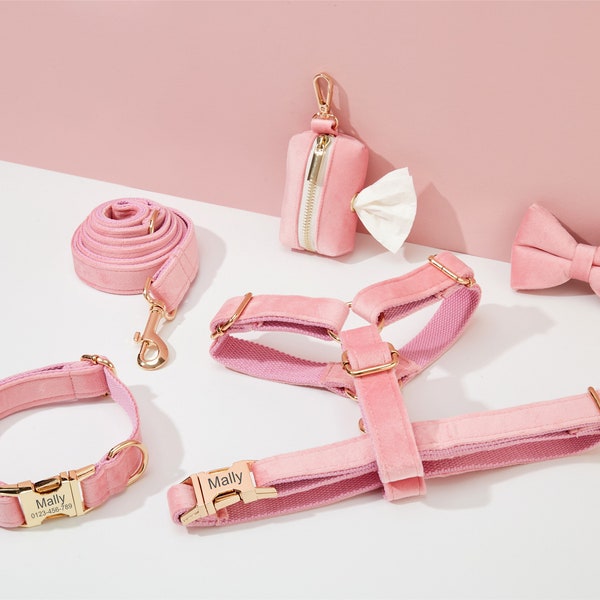 Pink Velvet Dog Harness and Leash Set, Personalize Step In Puppy Harness+Collar+Bowtie+Poo Bag Holder, No Pull Wedding Harness Bundle