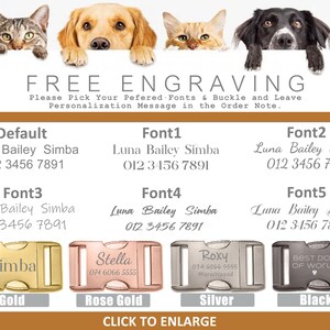 May include: Five different dog tag styles with various engraving options. The tags are gold, rose gold, silver, and black. The text on the tags reads "Simba", "Stella", "Roxy", and "Best Dog of World". The text "FREE ENGRAVING" is at the top of the image. The text "CLICK TO ENLARGE" is at the bottom of the image.