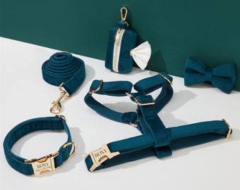 Teal Velvet Dog Harness and Leash Set, Personalize Step In Puppy Harness+Collar+Bowtie+Poo Bag Holder, No Pull Wedding Harness Bundle