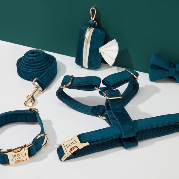 Teal Velvet Dog Harness and Leash Set, Personalize Step In Puppy Harness+Collar+Bowtie+Poo Bag Holder, No Pull Wedding Harness Bundle