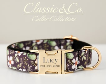 Floral Personalized Dog Collar Bow Tie Leash Set,Custom Engraved Pet Name Metal Buckle,Lilac Birthday Puppy Gift,FREE Shipping