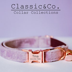Lavender Velvet Personalized Cat & Small Dog Collar with Purple Lilac Bow Tie Leash Set,Custom Engraved Kitten Puppy Name Tag,Free Gold Bell