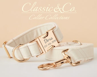 Cream Velvet Personalized Dog Collar Bow Tie Leash Set,Custom Engraved Pet Name Metal Buckle,White Wedding Puppy Neckwear,FREE Shipping